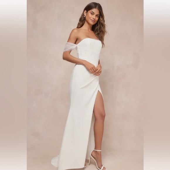 NWT Lulus Profound Glamour Ivory Pearl Off-the-Shoulder Tulip Maxi Dress - Picture 4 of 4